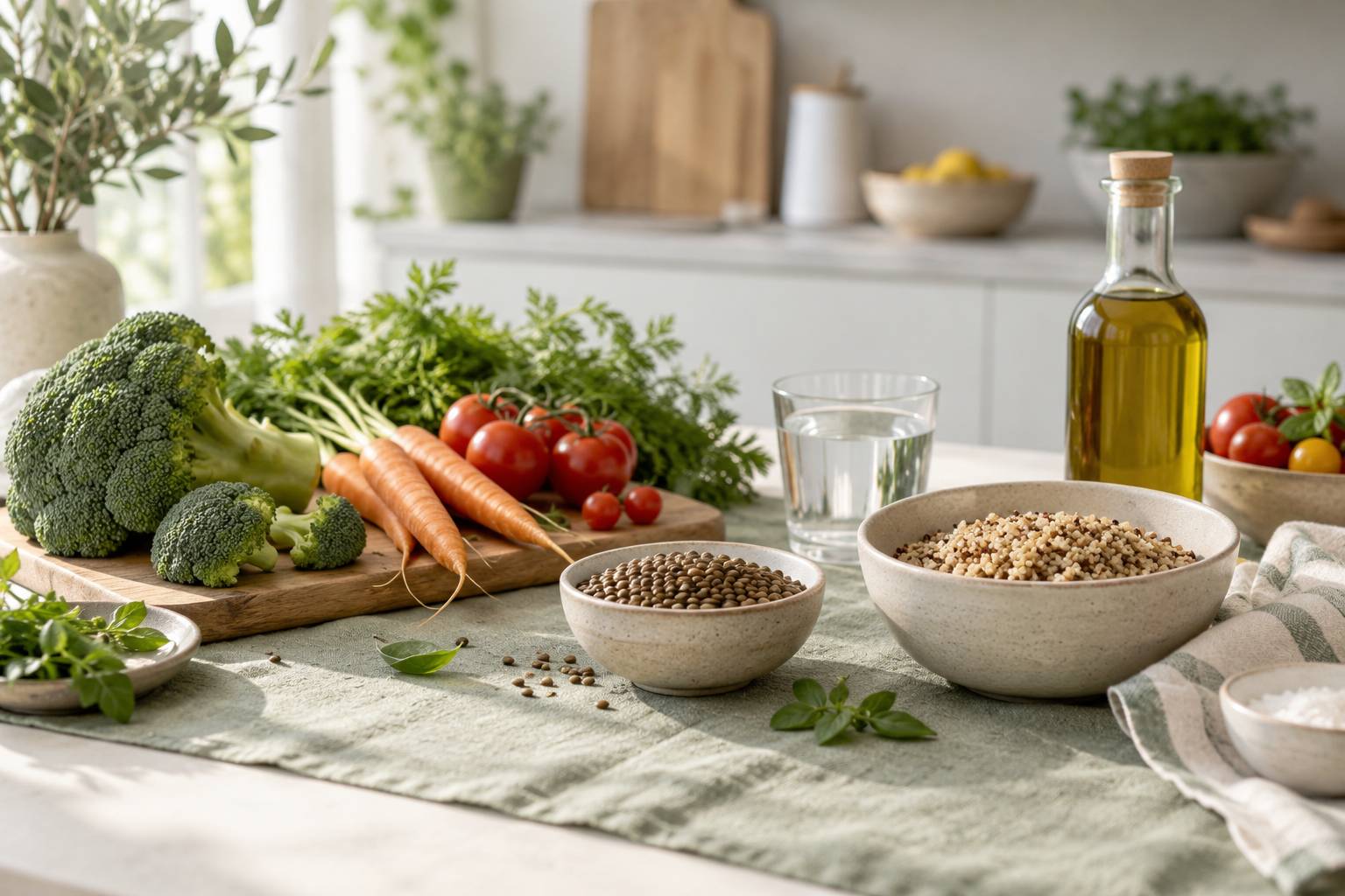 Legumes frais, legumineuses et cereales completes sur une table de cuisine