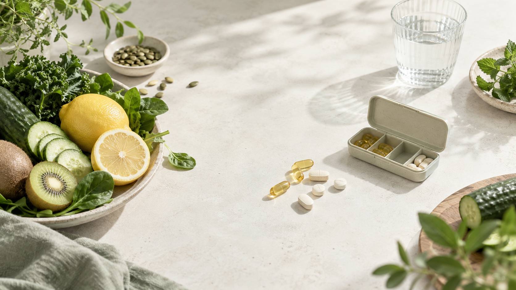 Gellules dorees et comprimes avec fruits et legumes frais sur un plan de travail