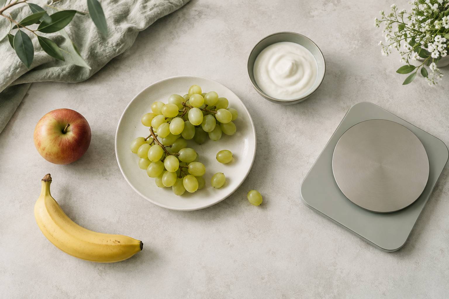 Assortiment de fruits entiers et coupes sur une assiette blanche avec yaourt nature