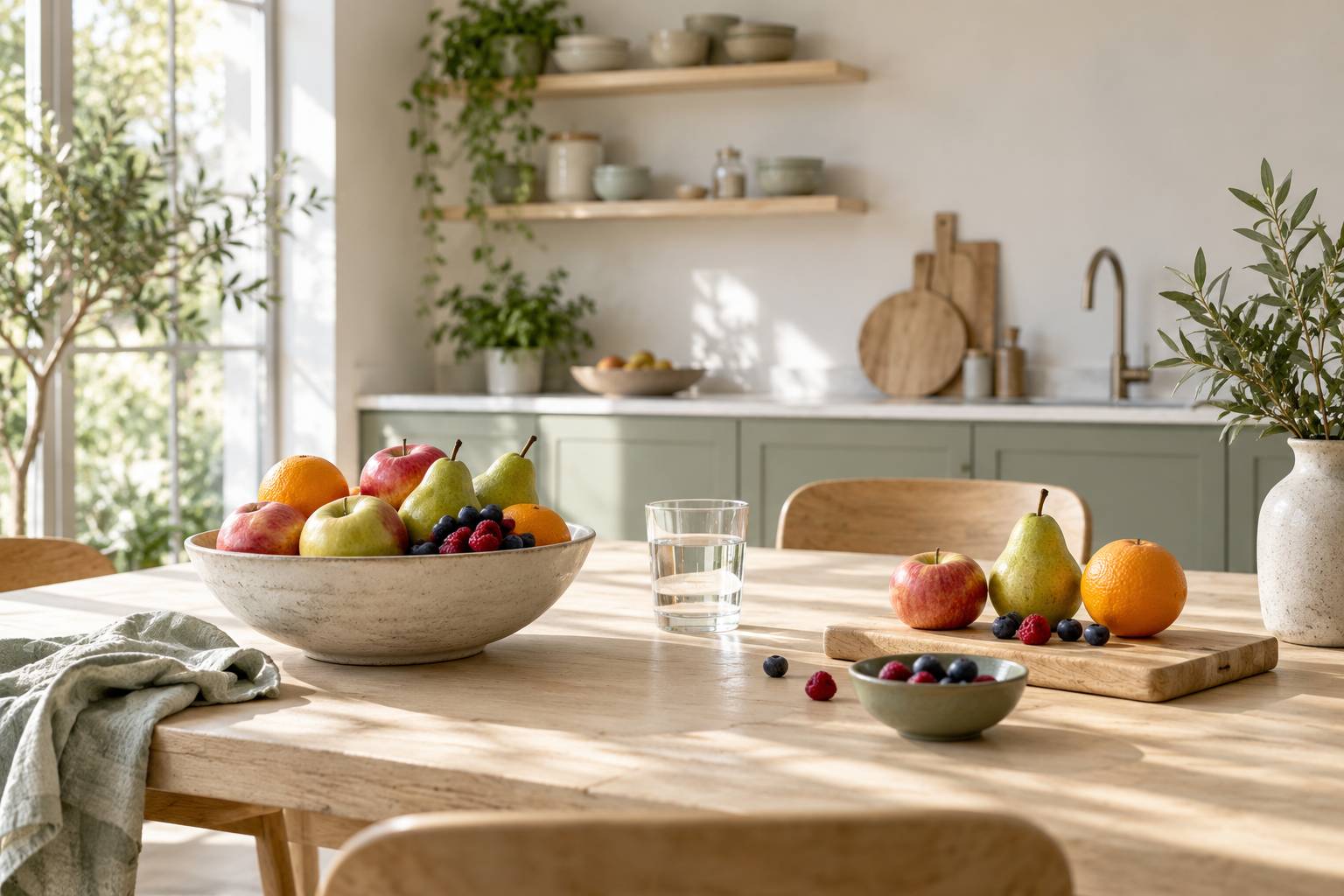 Table de cuisine claire avec fruits frais entiers dans un bol en ceramique et verre d'eau