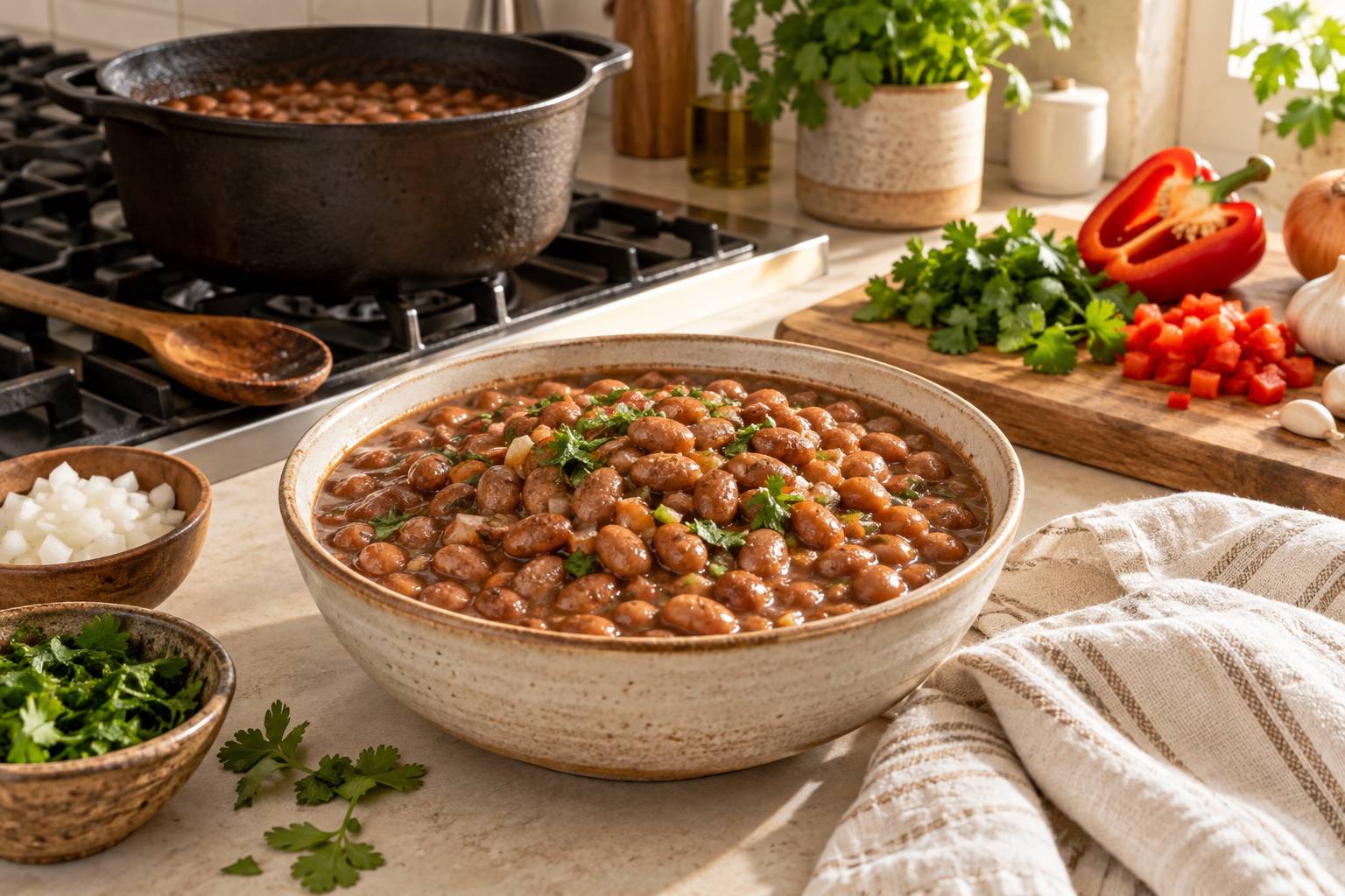 Casserole et bol de haricots pinto cuits dans une cuisine claire
