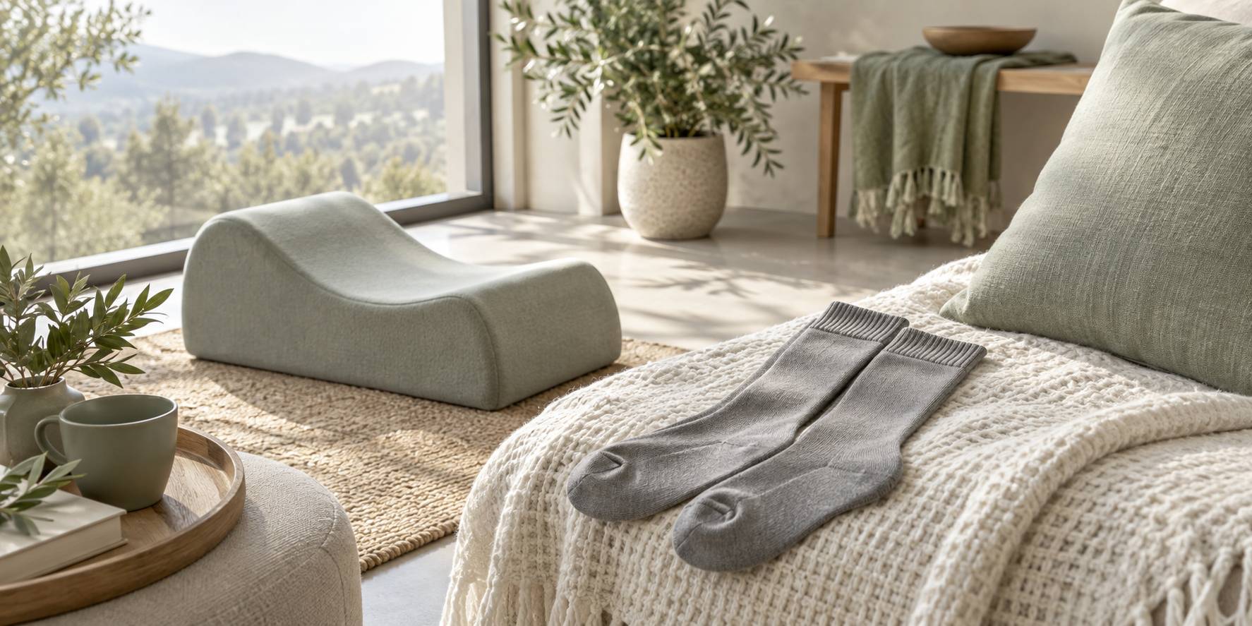 Paire de chaussettes de contention sur un plaid clair