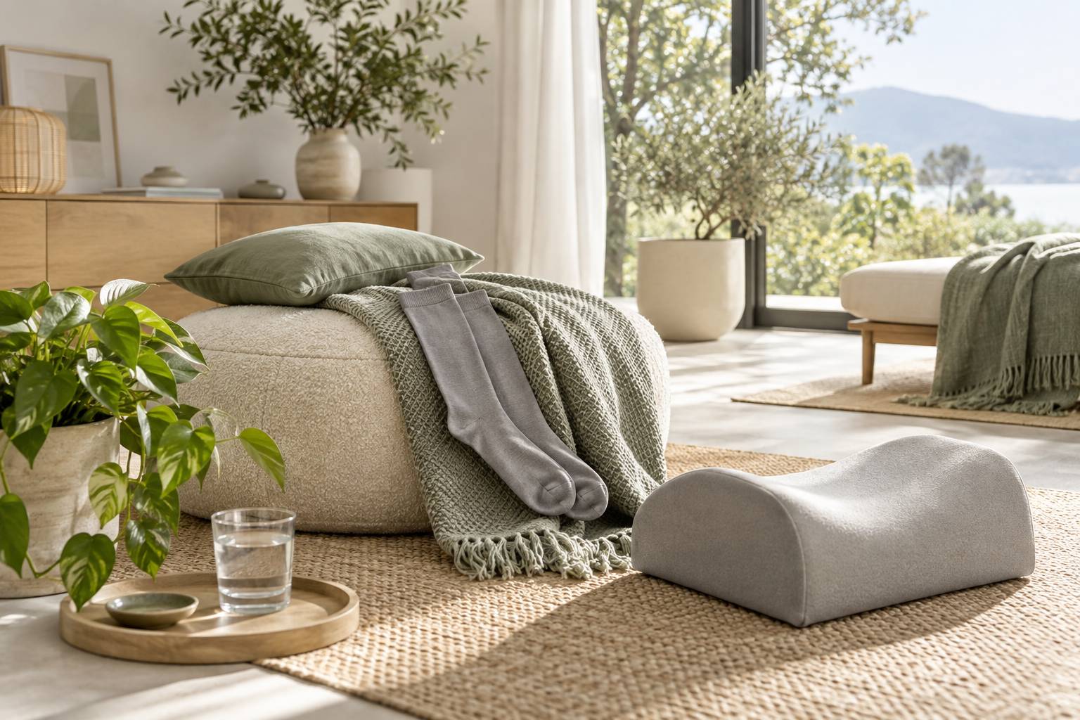 Chaussettes de contention et repose-jambes dans un interieur calme