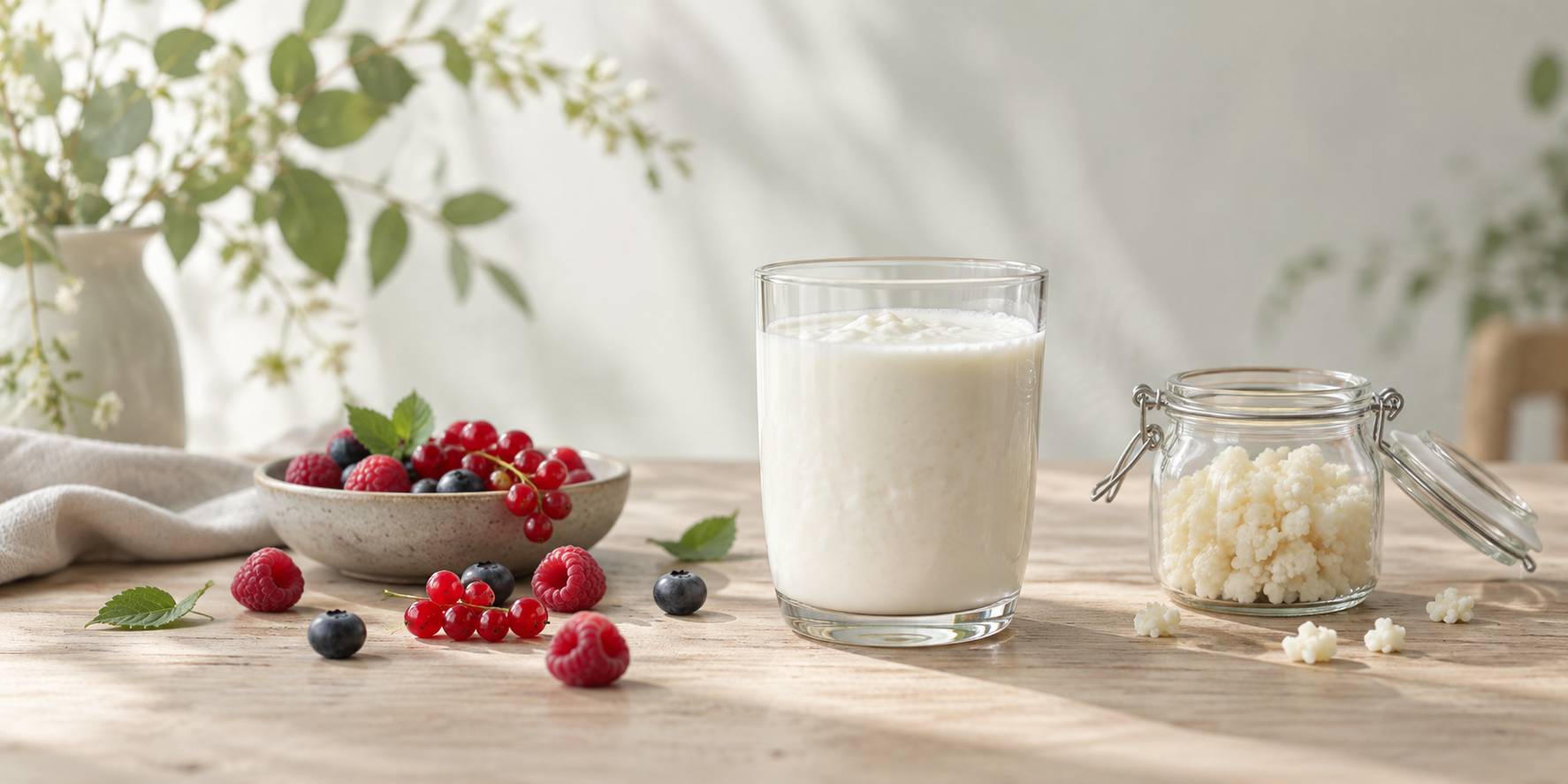Verre de kefir et grains sur une table de petit-dejeuner lumineuse