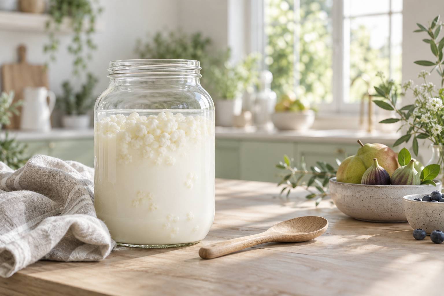 Bocal de kefir de lait avec grains et cuillere en bois sur plan de travail clair