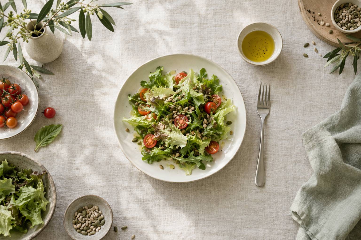 Salade de laitue croquante avec vinaigrette et graines dans une assiette claire