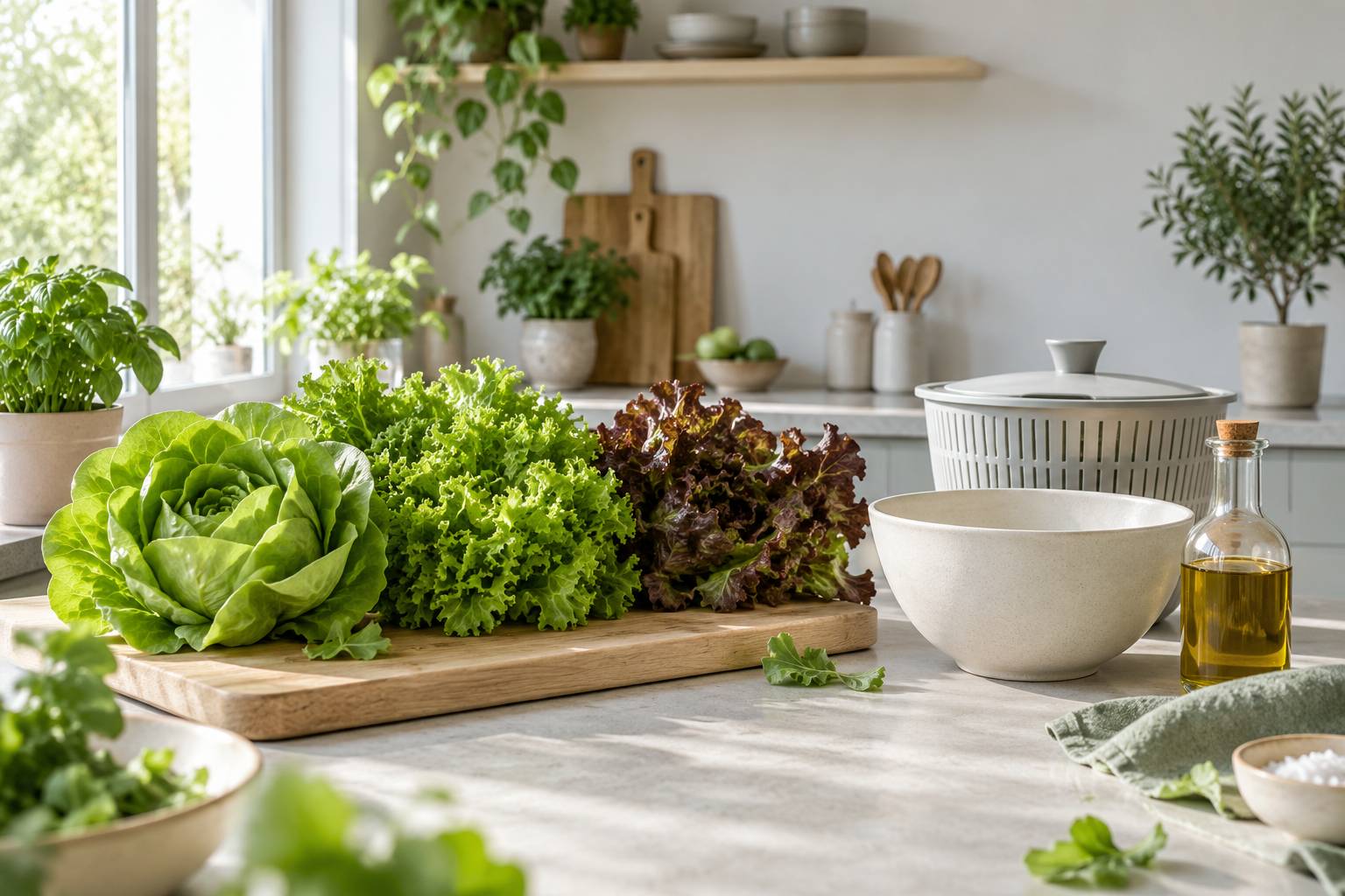 Laitues fraîches entières posées sur une planche en bois dans une cuisine lumineuse