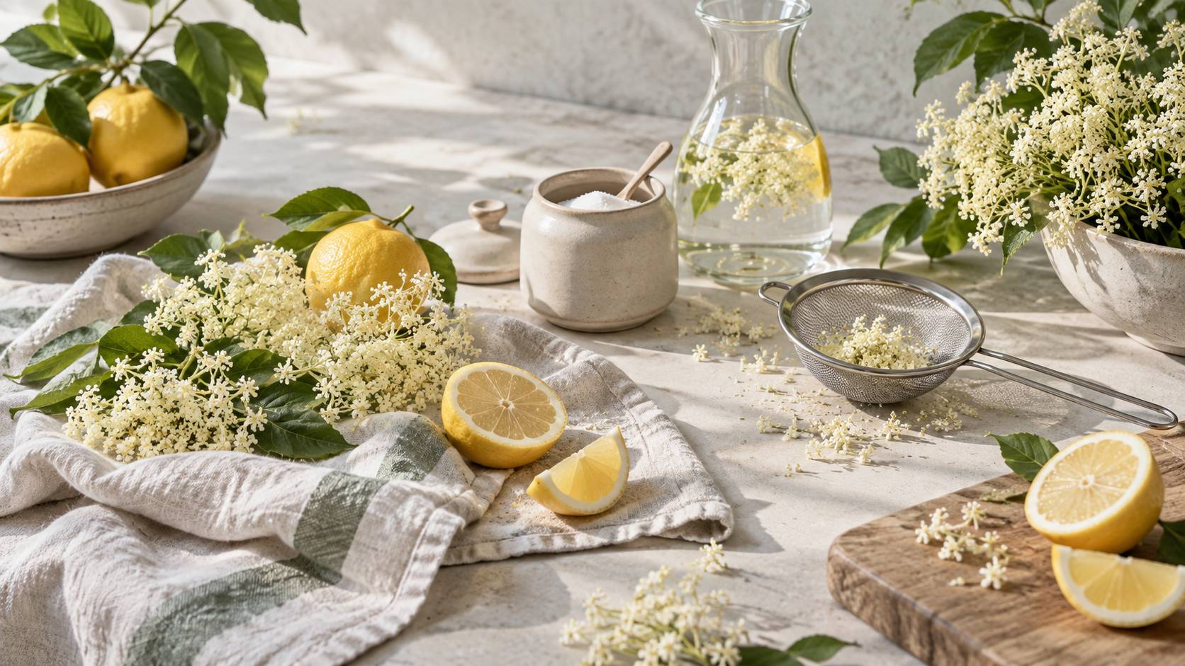 Citrons et fleurs de sureau sur un plan de travail de cuisine