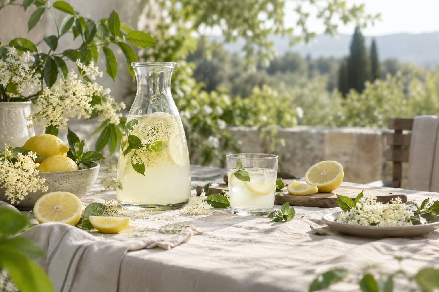 Carafe de limonade a la fleur de sureau avec citrons et menthe sur une table d'ete
