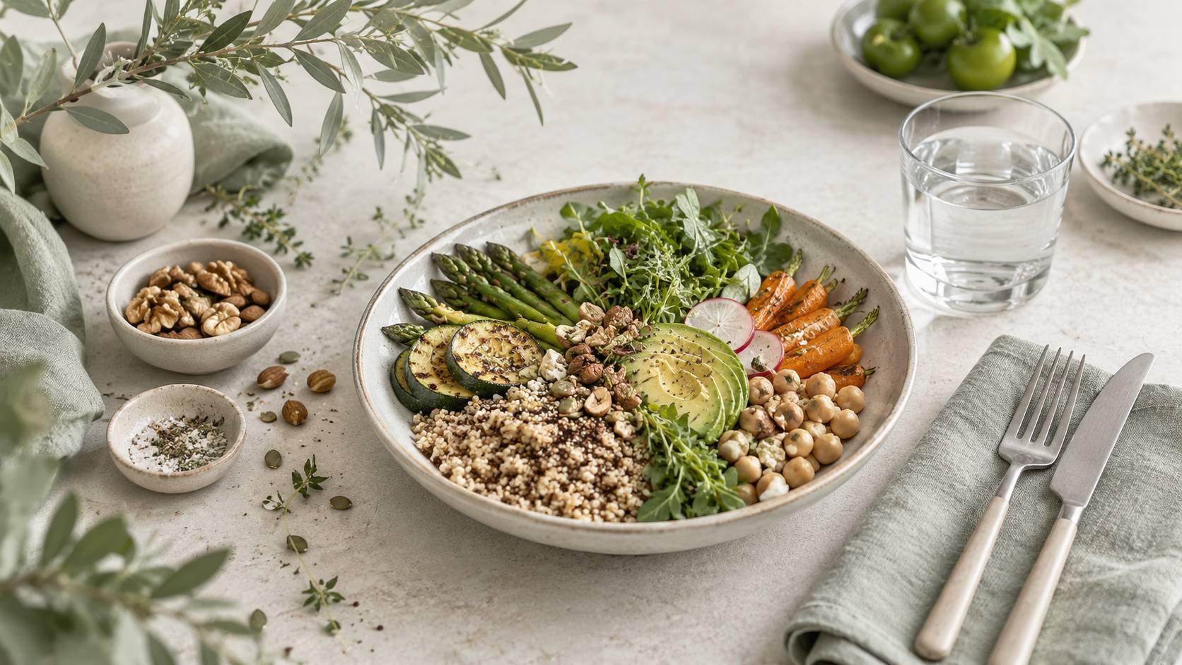 Assiette equilibree avec legumes et cereales sur une table claire
