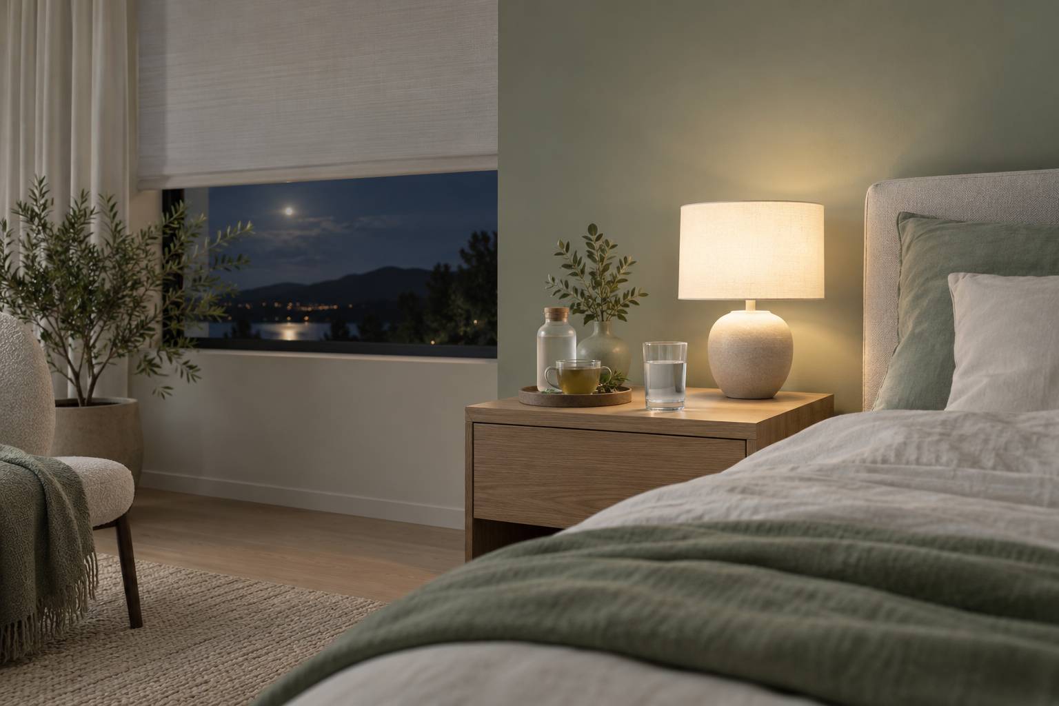 Table de nuit calme avec verre d'eau et lampe de chevet