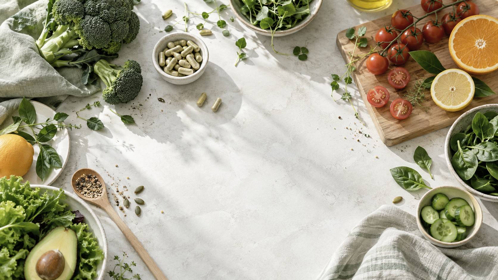 Légumes frais colorés et gélules de compléments sur un plan de travail