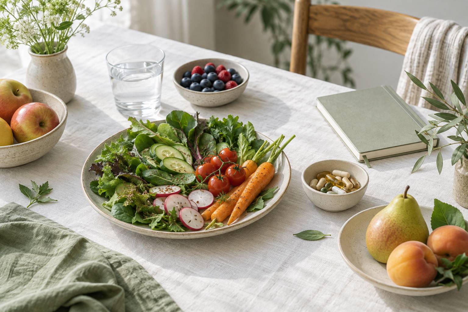 Assiette de légumes colorés et bol de compléments sur une table claire