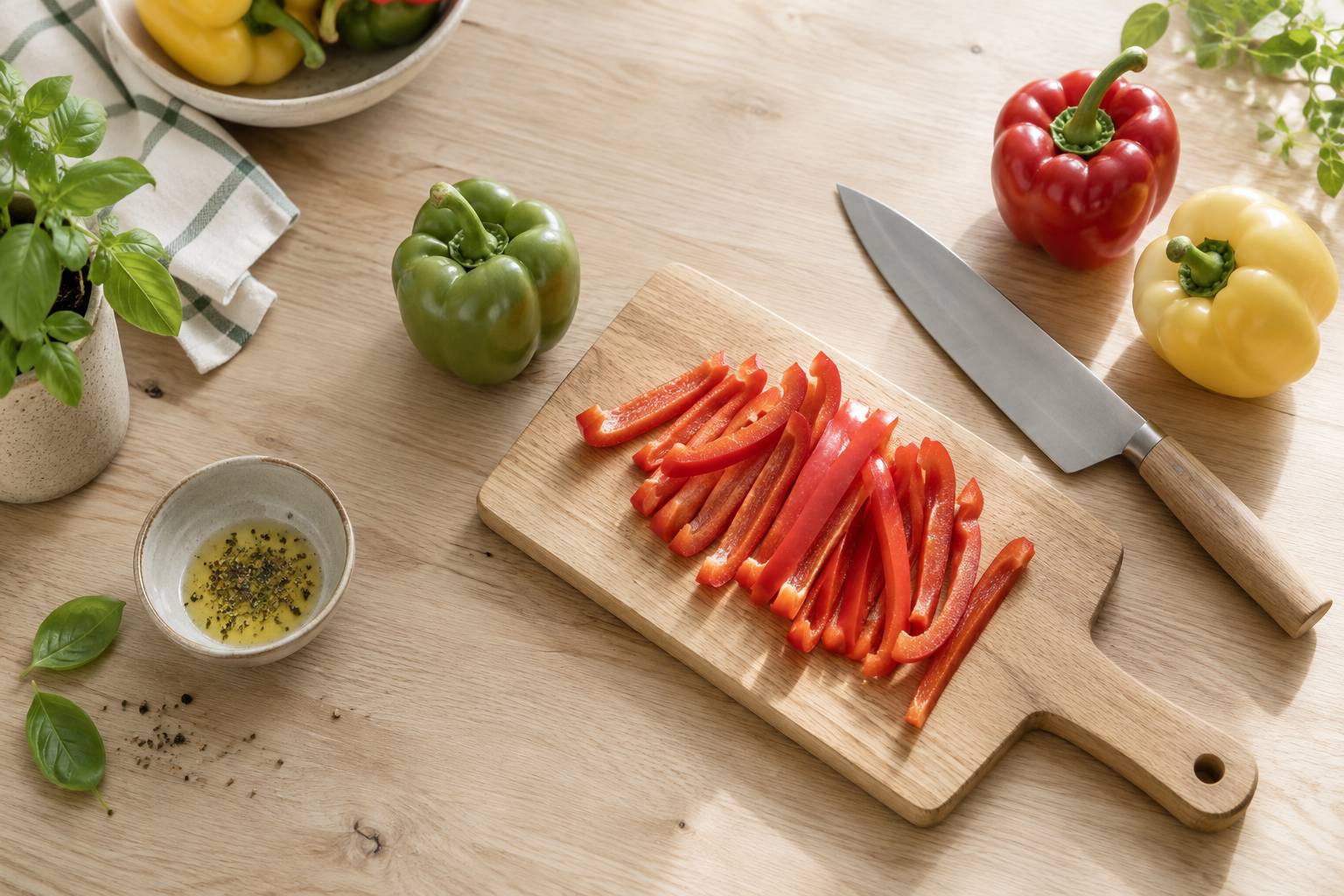 Poivron coupé en lanières avec couteau de chef sur une planche en bois
