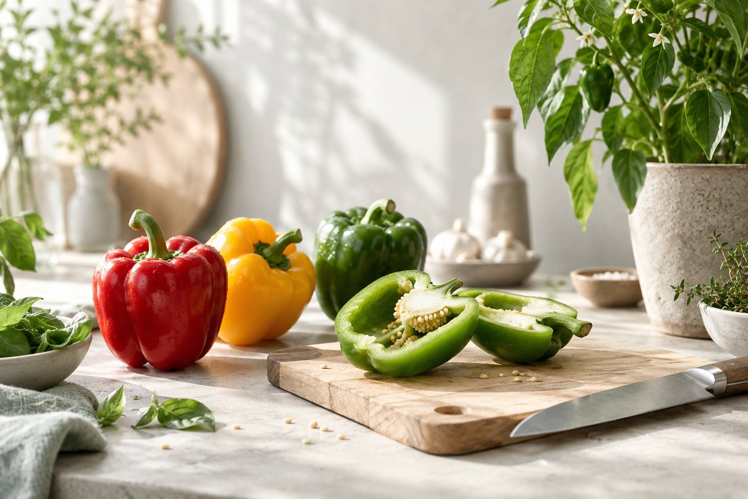 Poivrons frais rouge jaune et vert avec un poivron coupé sur une planche