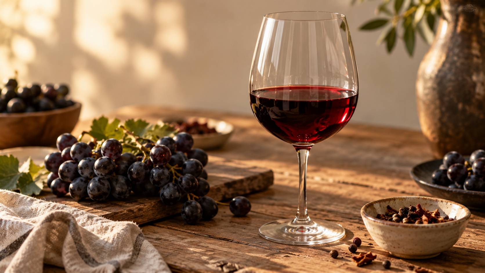 Verre de vin rouge présenté près de grappes de raisin noir et d'épices
