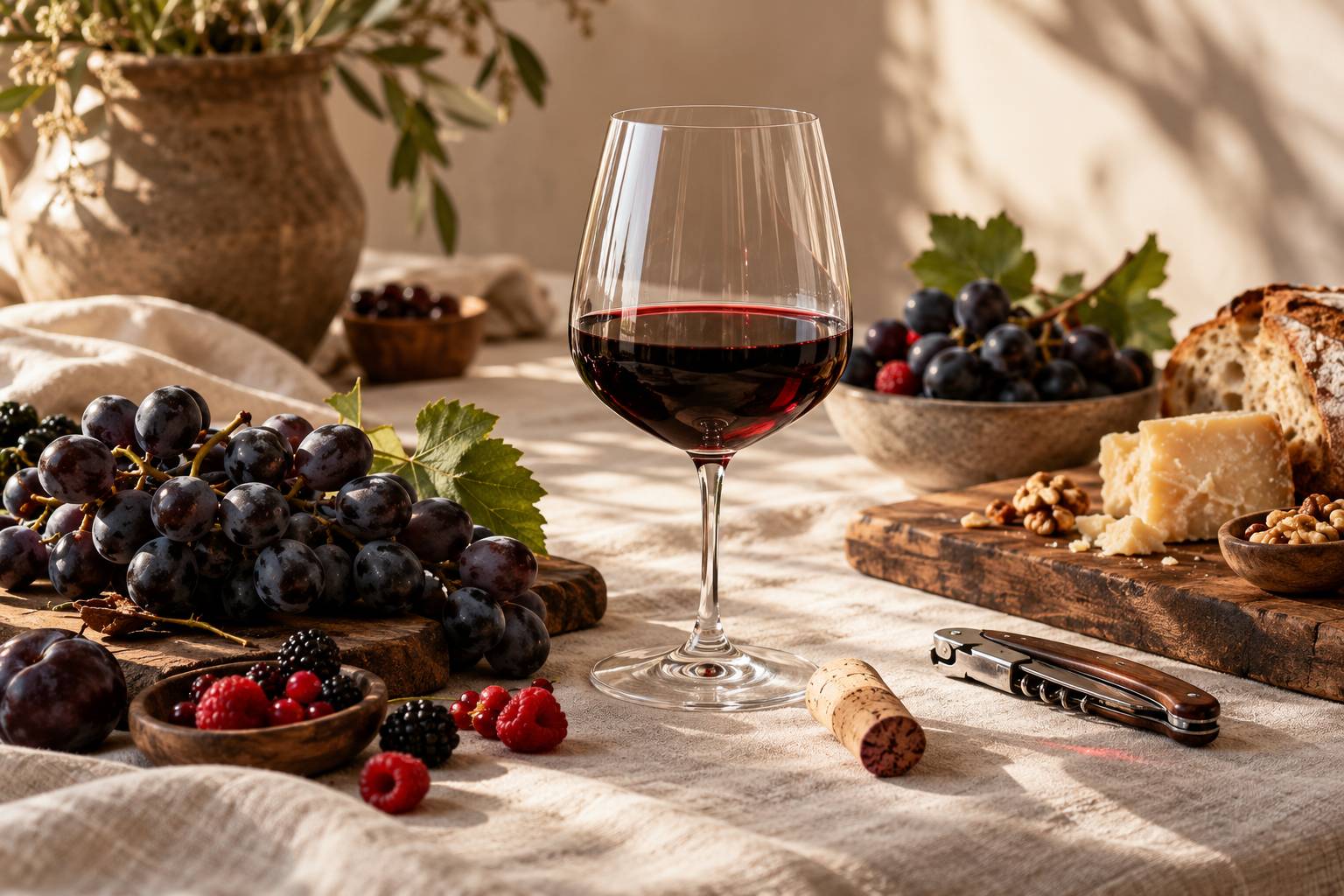 Verre de vin rouge entouré de raisin noir et de fruits rouges sur une table